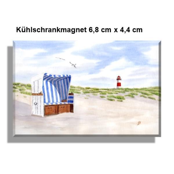 Kühlschrankmagnet Aquarell Kunst Maritim Druck Kunstdruck Strandkorb Sylt Nordsee Meer Leuchtturm Strand Dünen